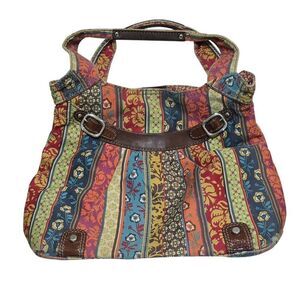 Bohemian Multicolor Striped Fossil purse Tote Bag Faux Leather Accents boho
